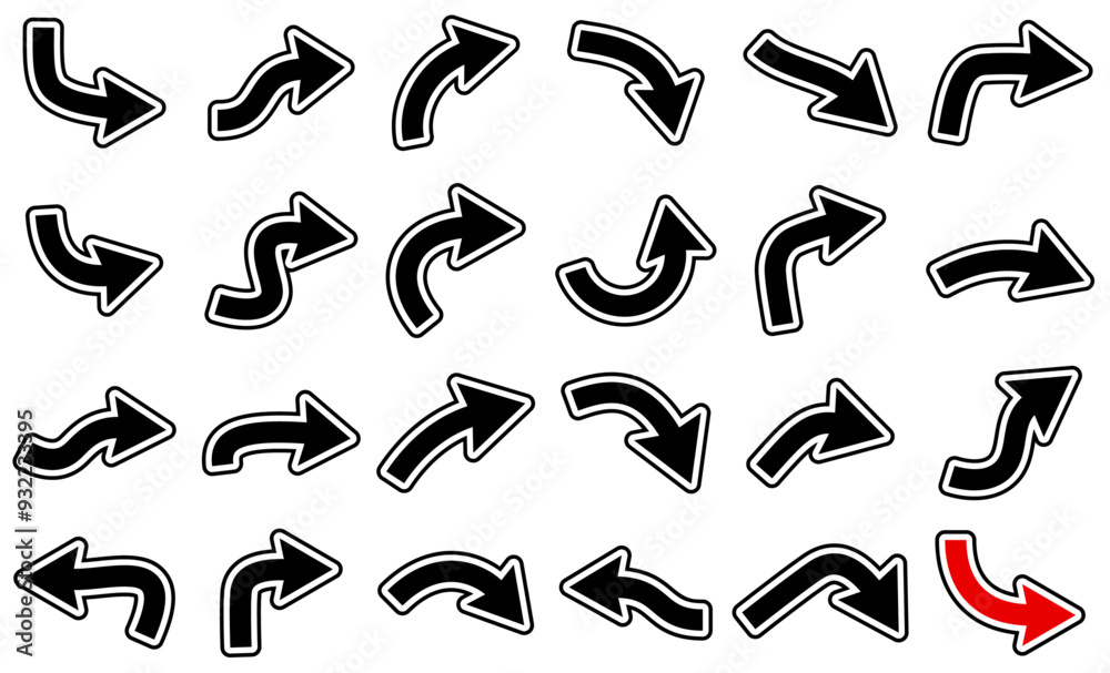 Vector illustration featuring a collection of curved black arrows with bold white outlines, with one distinct red arrow for emphasis. Vector illustration featuring a collection of curved black arrows with bold white outlines, with one distinct red arrow for emphasis.