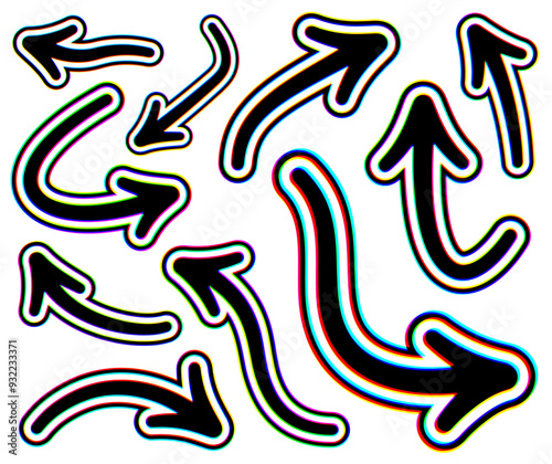 A collection of various black hand-drawn arrows with a colorful glitch effect. The arrows vary in size and direction, adding a dynamic, artistic touch to digital projects and designs.