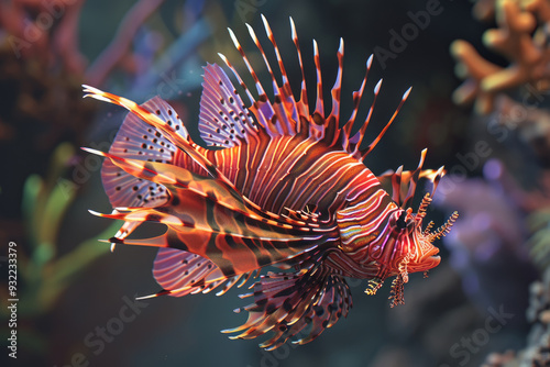 A lionfish glides among vivid corals in clear tropical waters, showcasing its striking colors and unique fins photo