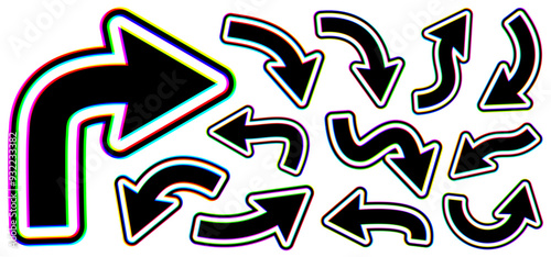 Set of bold glitch-style curved arrows with vibrant distortion effects. Vector illustration perfect for modern and digital designs.
