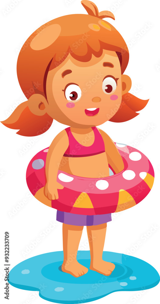 Cartoon girl holding inflatable ring, getting ready to swimMobile Cartoon girl holding inflatable ring, getting ready to swimMobile