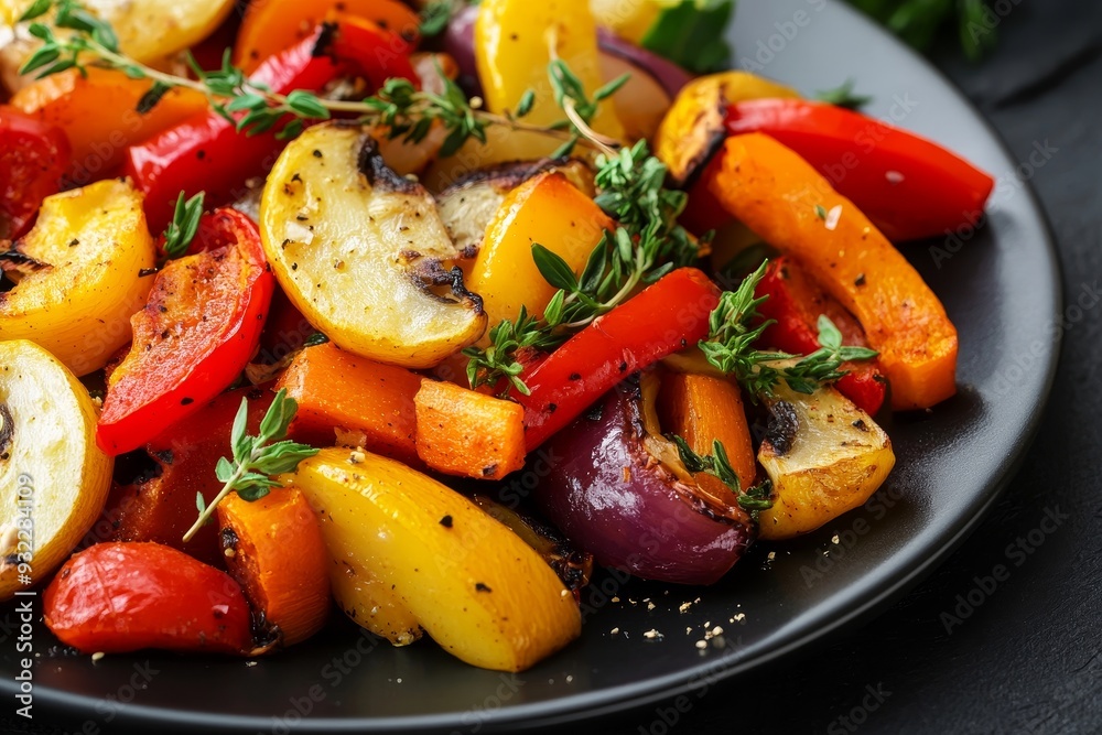 Colorful roasted vegetables served with fresh herbs healthy vegetarian cuisine Colorful roasted vegetables served with fresh herbs healthy vegetarian cuisine