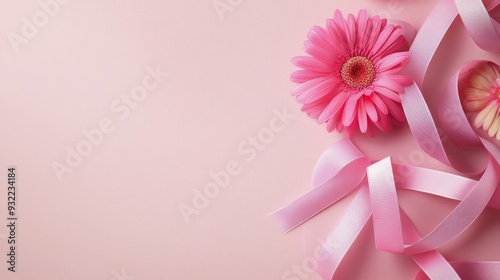 Pink ribbon bow against a soft pink background for festive occasions