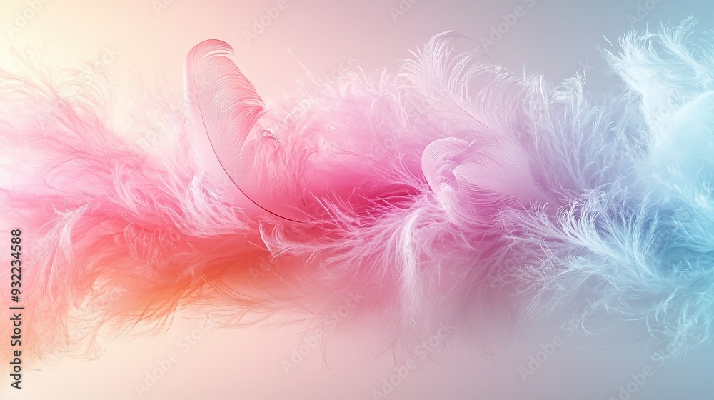 Fototapeta premium A pink and blue feather in sharp focus against a pink and blue backdrop with a soft, blurry effect on the feathers