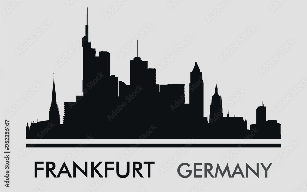 Obraz premium The city skyline. Frankfurt. Germany. Silhouettes of buildings. Vector on a gray background 
