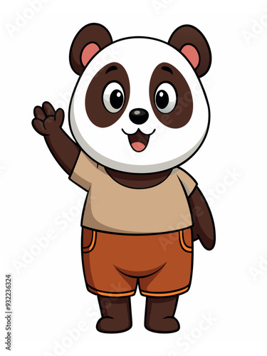 a cute panda wearing brown shorts waving like saying hi