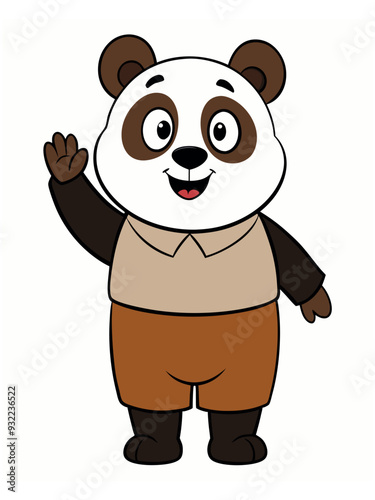 a cute panda wearing brown shorts waving like saying hi