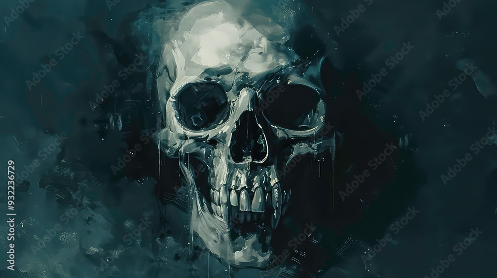 A detailed skull illustration with teeth bared, on a dark background, drawn with brushstrokes. A detailed skull illustration with teeth bared, on a dark background, drawn with brushstrokes.