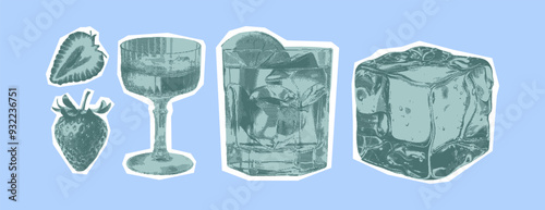Contemporary collage kit. Colored sweet cocktail with dotted texture. Vector illustration isolated. Collage halftone cutout element in a retro style.