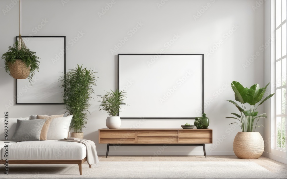 Mockup poster frame in modern interior with white wall and wooden ...