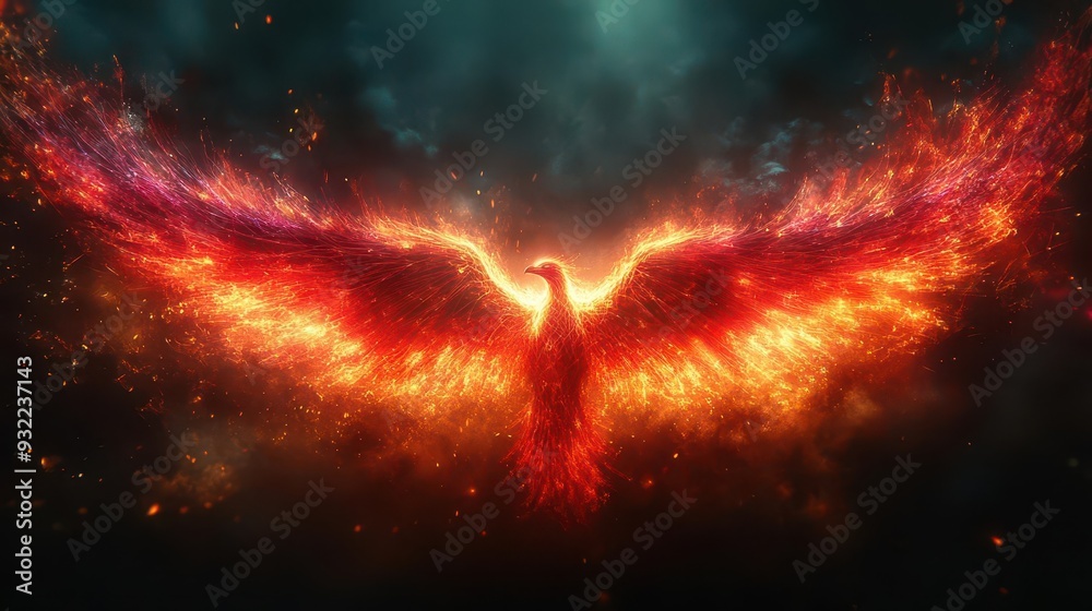 Naklejka premium majestic phoenix rising from ashes fiery red plumage ablaze dramatic wireframe wings unfurling against dark background digital art style blending photorealism and wireframe elements