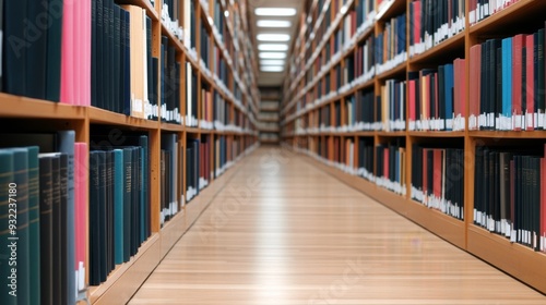 Quiet library corridor lined with shelves of books in a modern setting