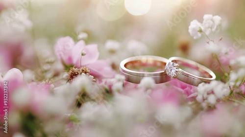 Elegant wedding rings surrounded by soft pink roses and delicate white flowers
