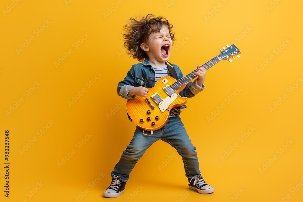 A young boy playing an electric guitar, his hair standing on end, shouting and having fun against a yellow background. The child is dressed in jeans and sneakers and has dark brown eyes. A young boy playing an electric guitar, his hair standing on end, shouting and having fun against a yellow background. The child is dressed in jeans and sneakers and has dark brown eyes.