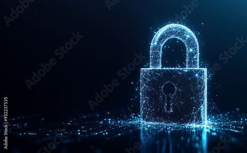 Digital Security Concept point connecting network with Glowing Lock Illustration on dark background