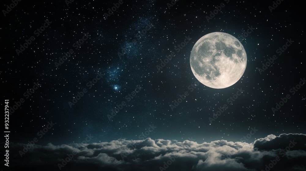 Fototapeta premium Full moon glowing over clouds with a starry night sky