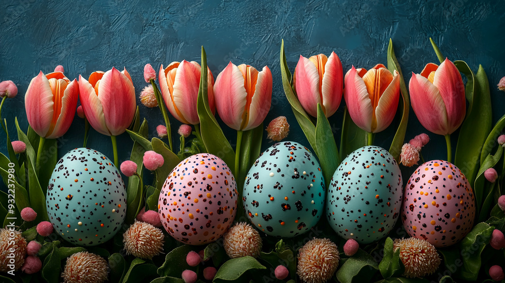 Beautiful colored Easter eggs Against a background of tulips Beautiful colored Easter eggs Against a background of tulips