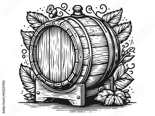 Detailed illustration of wooden barrels with wheat and flowers. Vector, generative ai.