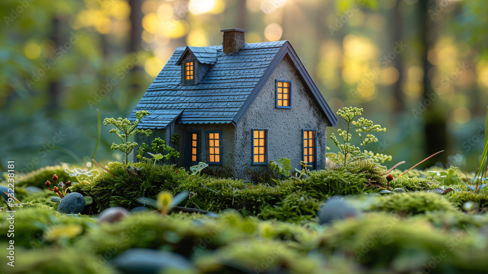 Close-up model of a small house placed On green moss Close-up model of a small house placed On green moss