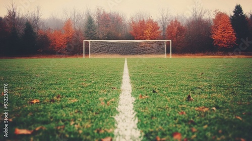 A soccer goal stands in a grassy field with mountains under a blue sky
