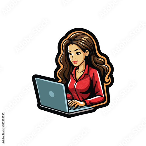 A woman with long brown hair is sitting at a desk working on a laptop. She is wearing a red shirt.