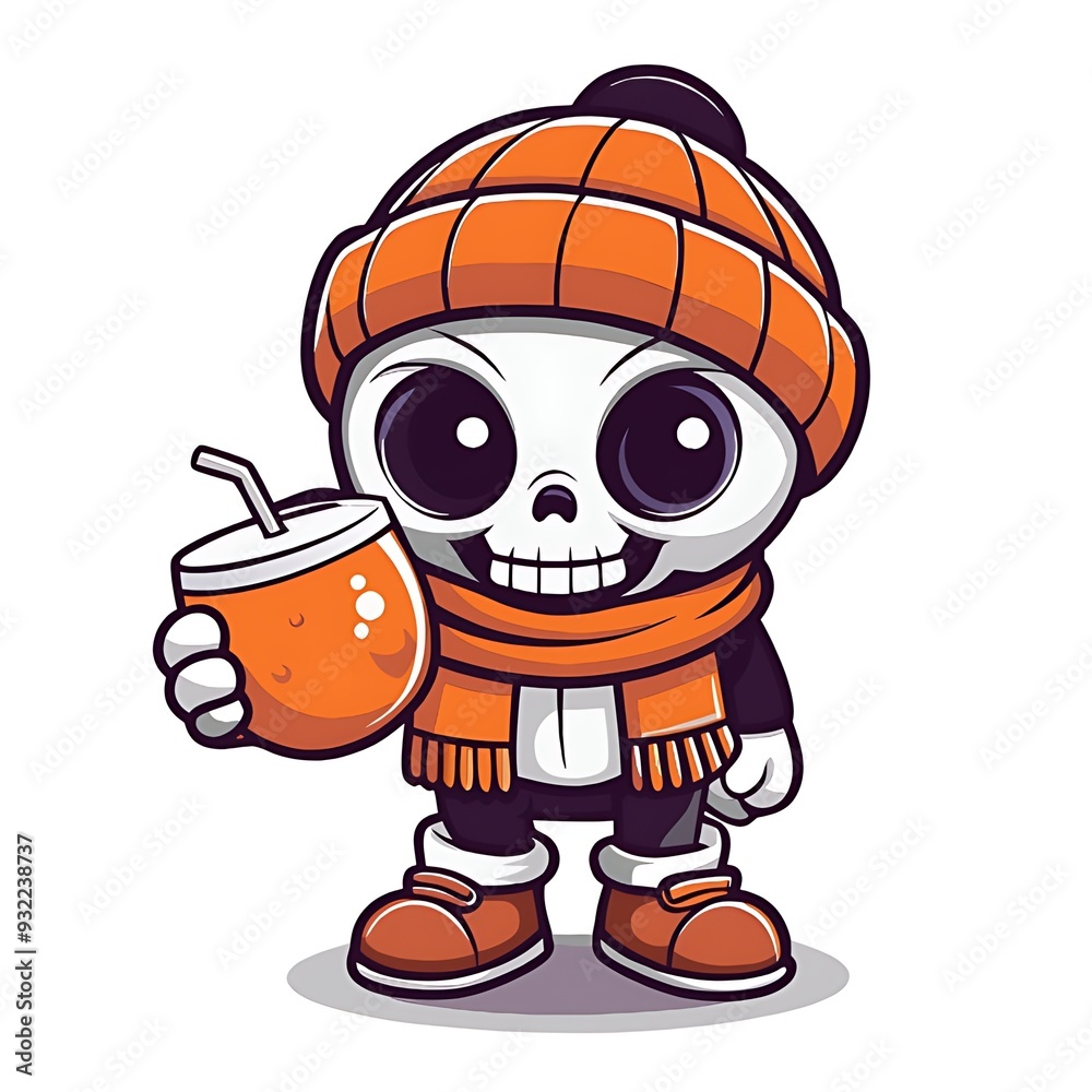 Adorable Chibi Skeleton in Beanie Holding Pumpkin for Halloween Fun Adorable Chibi Skeleton in Beanie Holding Pumpkin for Halloween Fun