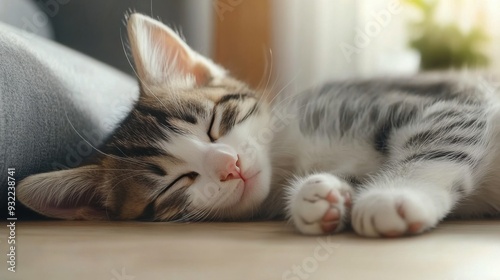 A sleeping tabby cat resting peacefully on a wooden floor near a sunny window