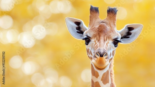 Giraffe stands against a vibrant yellow background in a wildlife exhibit