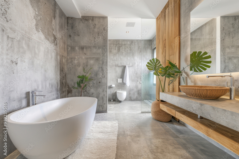 Sleek bathroom design with medium-textured concrete walls. Sleek bathroom design with medium-textured concrete walls.