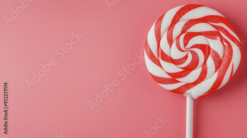 Red and white swirled lollipop against a pink background