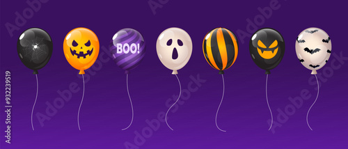 Halloween colorful air balloons design in cartoon style isolated on gradinet purple background.
