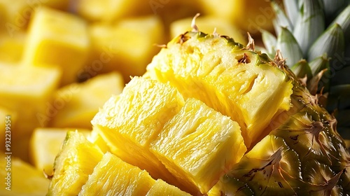   A pineapple cut in half sits atop a pile of cut-up pineapples, alongside another pile photo