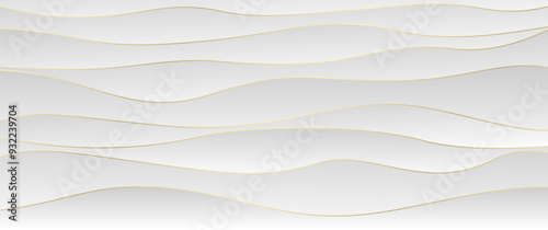 Premium white cover design vector background with waves, shadow and gold lines. White elegant 3d tile for design interior. Modern luxury illustration for business card, flyer, poster and luxe invite.