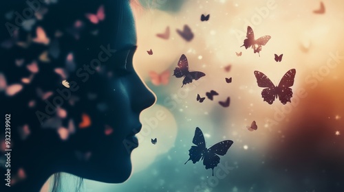 Woman's silhouette with colorful butterflies emerging at dusk