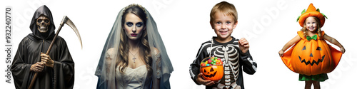 Halloween costume group featuring grim reaper, spooky bride, skeleton boy, and pumpkin girl on a transparent background photo