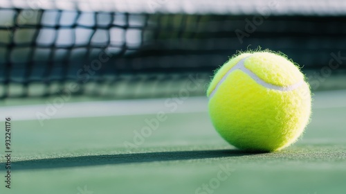 Bright yellow tennis ball resting on a green court near the net in daylight