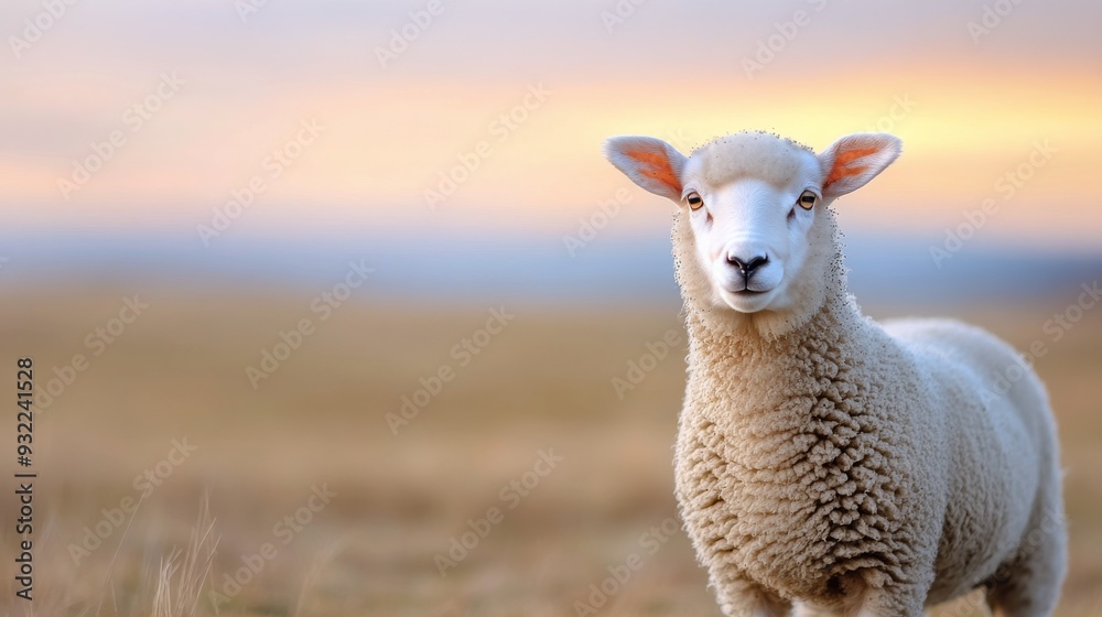 Obraz premium Sheep grazing in a lush field under a clear sky during golden hour