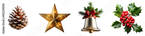 Festive Christmas decorations with pine cone, golden star, bell with ribbon, and holly leaves on transparent background