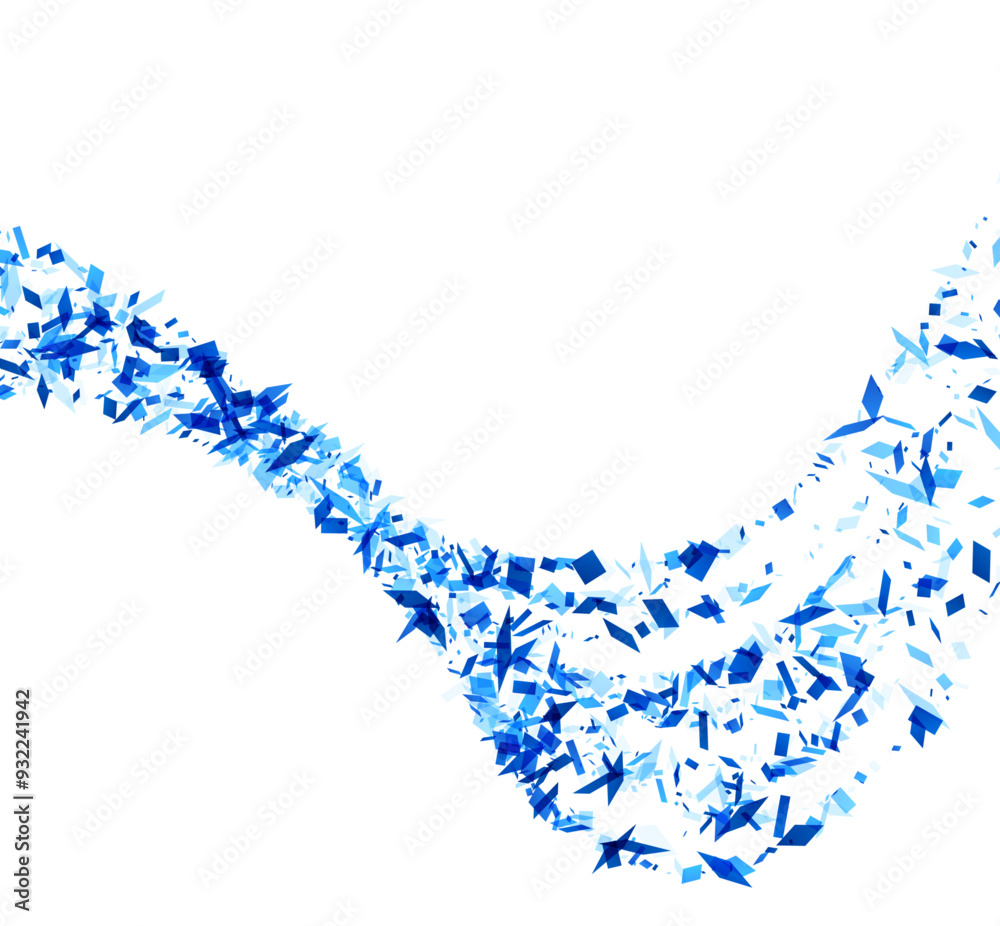 A fluid waveform made of dynamic blue shards against a stark white background, depicting motion and flow.