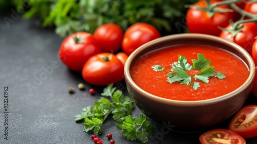 Rich red tomato sauce with fresh tomatoes and herbs on a dark countertop