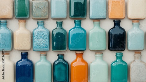 Array of colorful glass bottles arranged in a grid on a neutral background