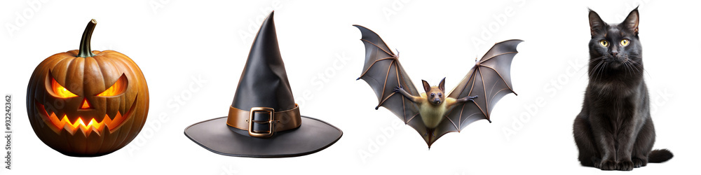 Halloween collection featuring a glowing jack-o-lantern, witch hat, bat with wings spread, and black cat, all set against a transparent background for festive design uses.
