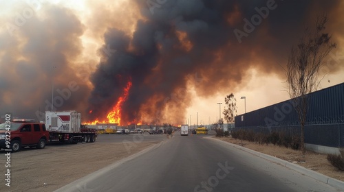 Massive fire engulfs industrial area at sunset, creating dark smoke and flames