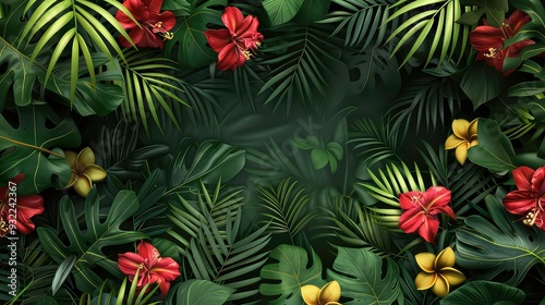 Lush green tropical foliage with red and yellow flowers, creating a vibrant, natural, and exotic backdrop.