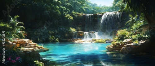 The lush green foliage and vibrant tropical plants surround a waterfall cascading into a crystal-clear pool.