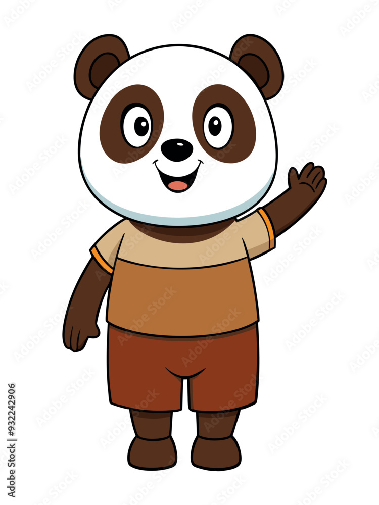 Naklejka premium a cute panda wearing brown shorts waving like saying hi