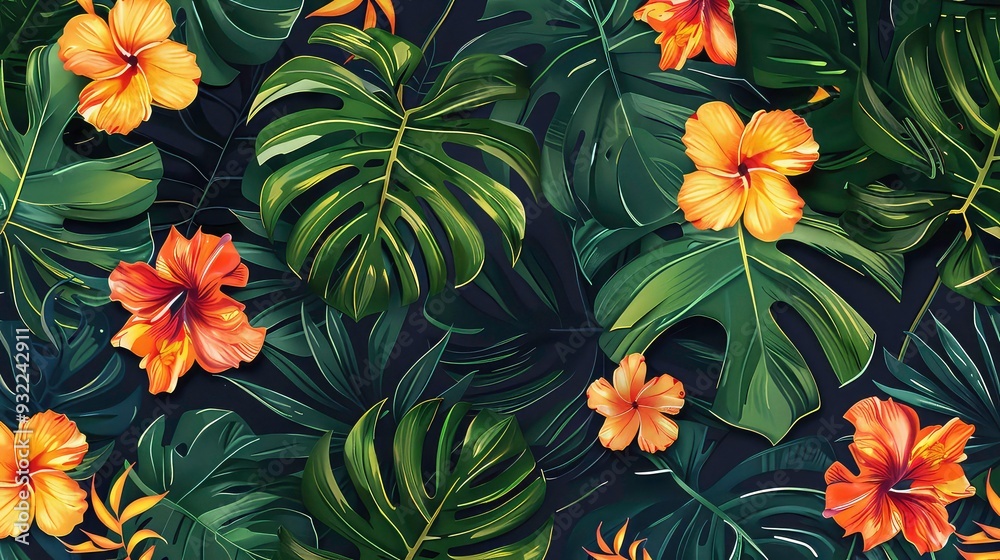 A close-up of lush, green tropical leaves with bright yellow and orange flowers, creating a vibrant and exotic scene. A close-up of lush, green tropical leaves with bright yellow and orange flowers, creating a vibrant and exotic scene.