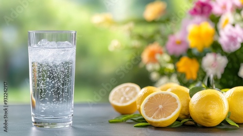 Sparkling water with fresh lemons and vibrant flowers on a sunny day