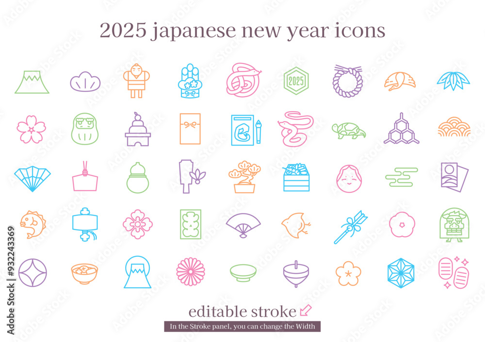 日本の正月アイコンセット　2025年巳年 (編集可能なストローク)