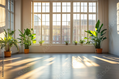 Sala iluminada pelo sol com grandes janelas, plantas em vasos e caixas de mudança, criada por IA generativa, capturando um ambiente aconchegante e sereno com luz natural suave, ideal para temas de dec